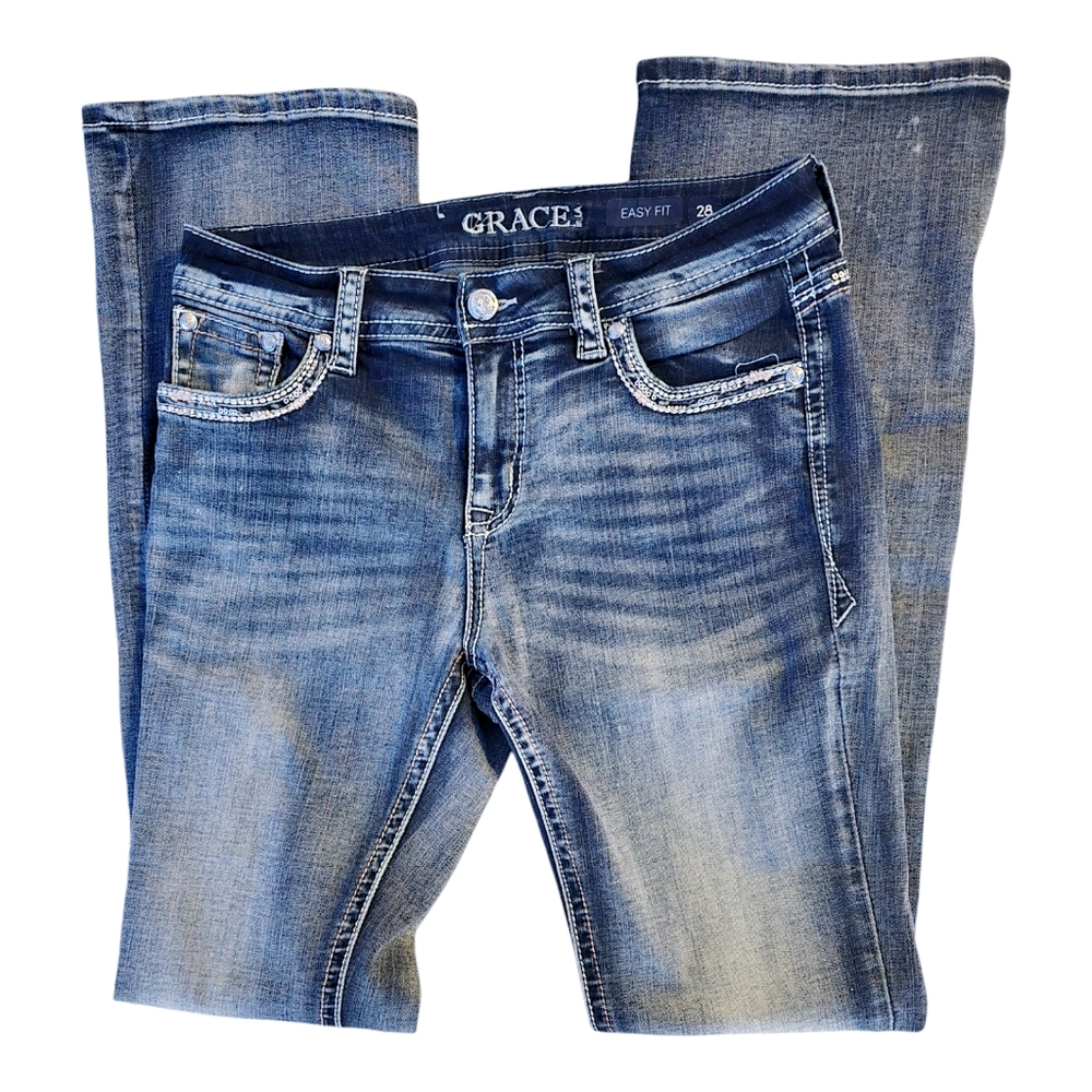 Grace in LA Bootcut Jeans – Embroidered, Embellished Cross Pocket Western Denim